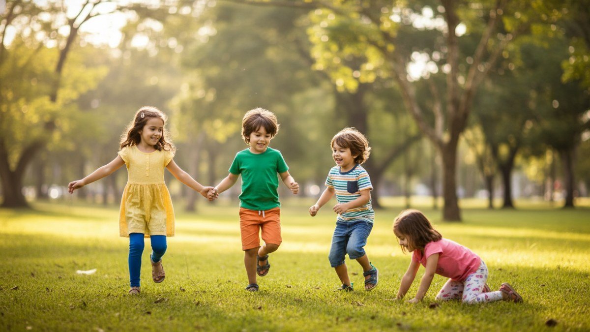 Duas crian&ccedil;as, um menino e uma menina, correndo e brincando alegremente em um gramado ensolarado, vestindo roupas infantis confort&aacute;veis e flex&iacute;veis que permitem total liberdade de movimento.