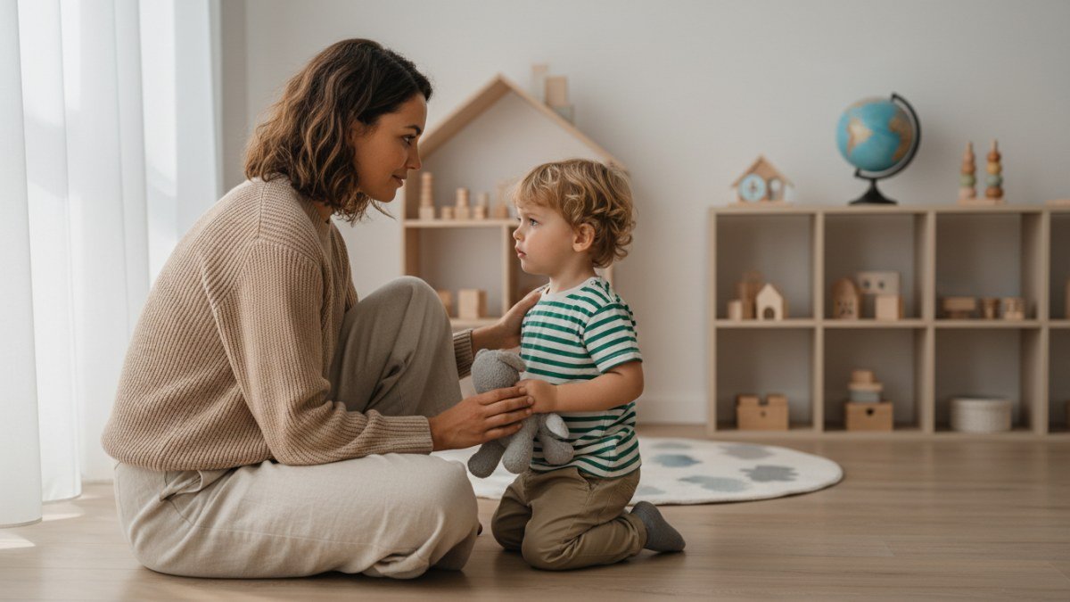 Mãe ou pai agachado, conversando calmamente e com firmeza com uma criança pequena em um ambiente acolhedor, ensinando sobre limites e emoções. A imagem transmite empatia e orientação.