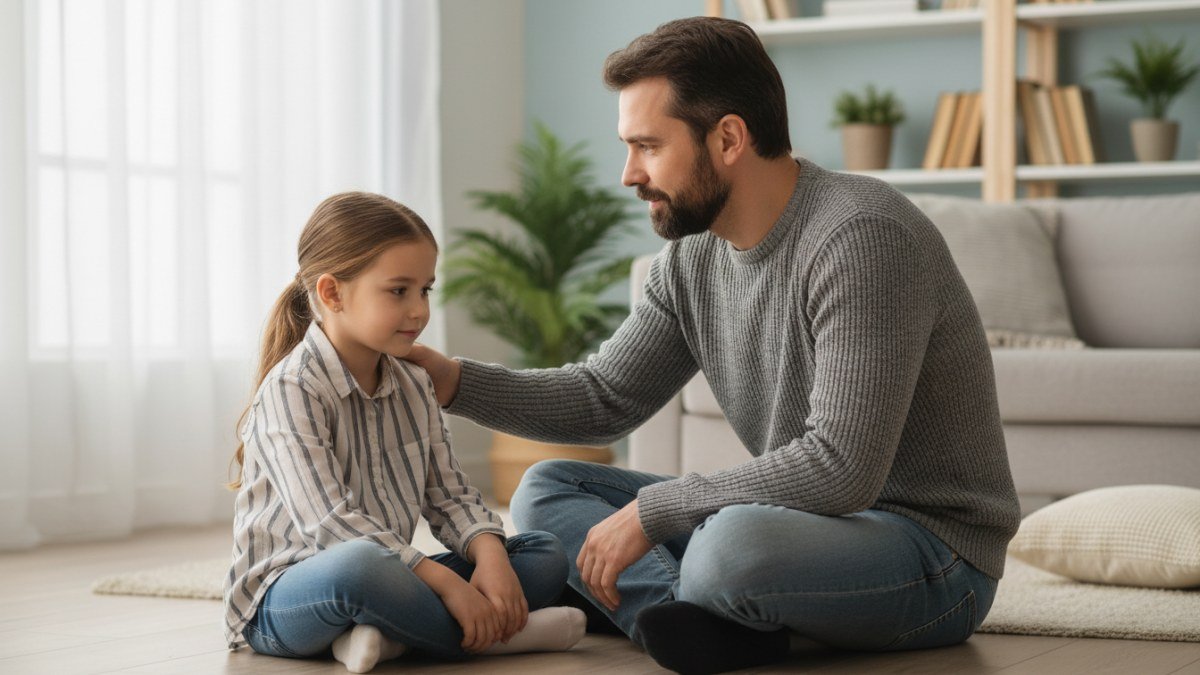M&atilde;e ou pai conversando calmamente com uma crian&ccedil;a sentada no ch&atilde;o, olhando nos olhos, em um ambiente acolhedor. A imagem transmite di&aacute;logo, confian&ccedil;a e orienta&ccedil;&atilde;o amorosa sobre honestidade.