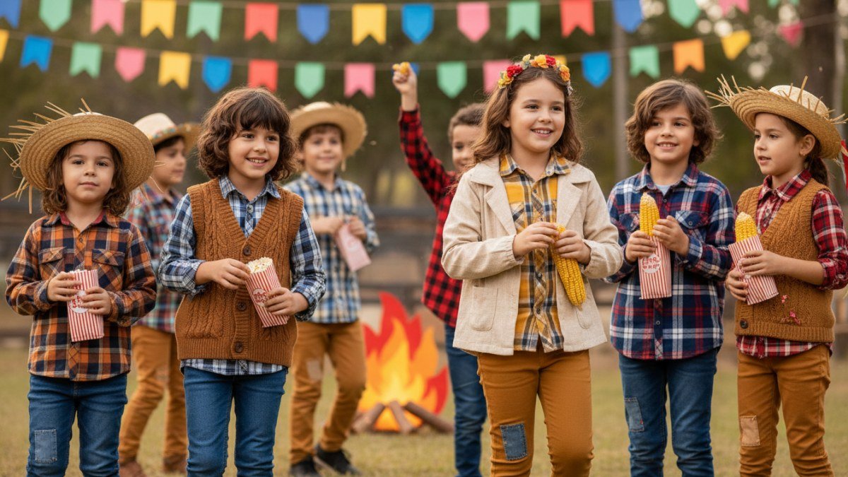 Crianças de diferentes idades (4 a 10 anos) em uma festa junina aconchegante, vestindo looks juninos com camisas xadrez de flanela, calças jeans e agasalhos leves, brincando e aproveitando a celebração com conforto e estilo.