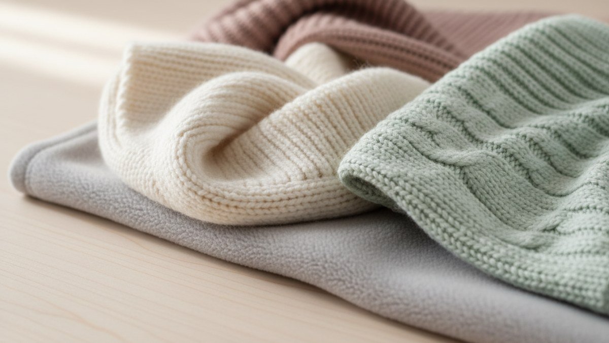 Close-up de texturas aconchegantes de tecidos de inverno para crian&ccedil;as, incluindo l&atilde; merino, fleece macio e tricot de algod&atilde;o, dispostos em um cen&aacute;rio que evoca conforto e qualidade.