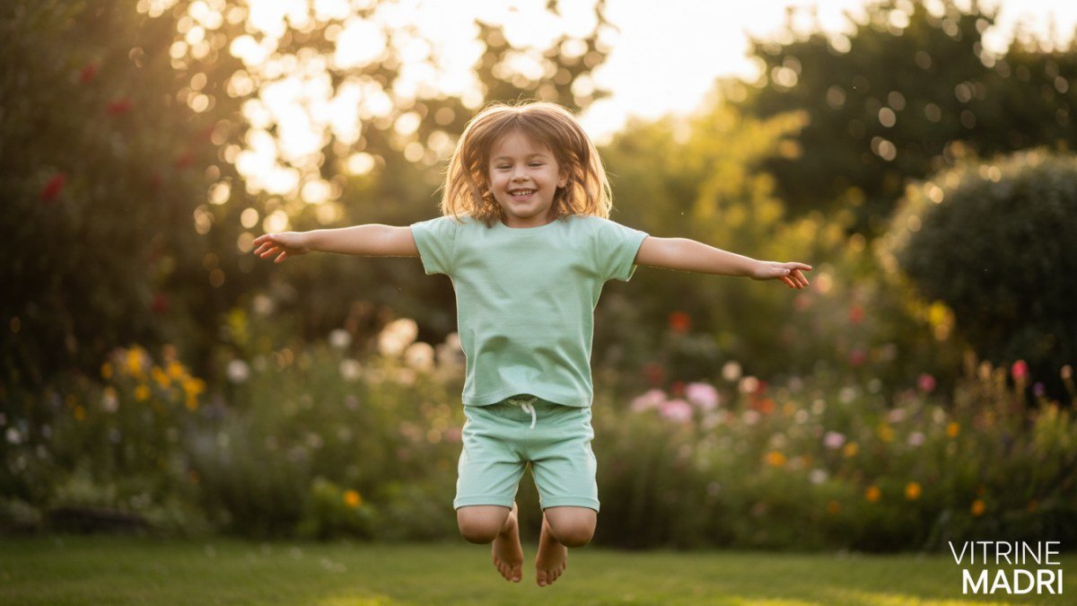 Crian&ccedil;a de 6 anos pulando e sorrindo em um jardim, vestindo camiseta e bermuda de algod&atilde;o macio, demonstrando o conforto e a flexibilidade das roupas infantis para brincar livremente.