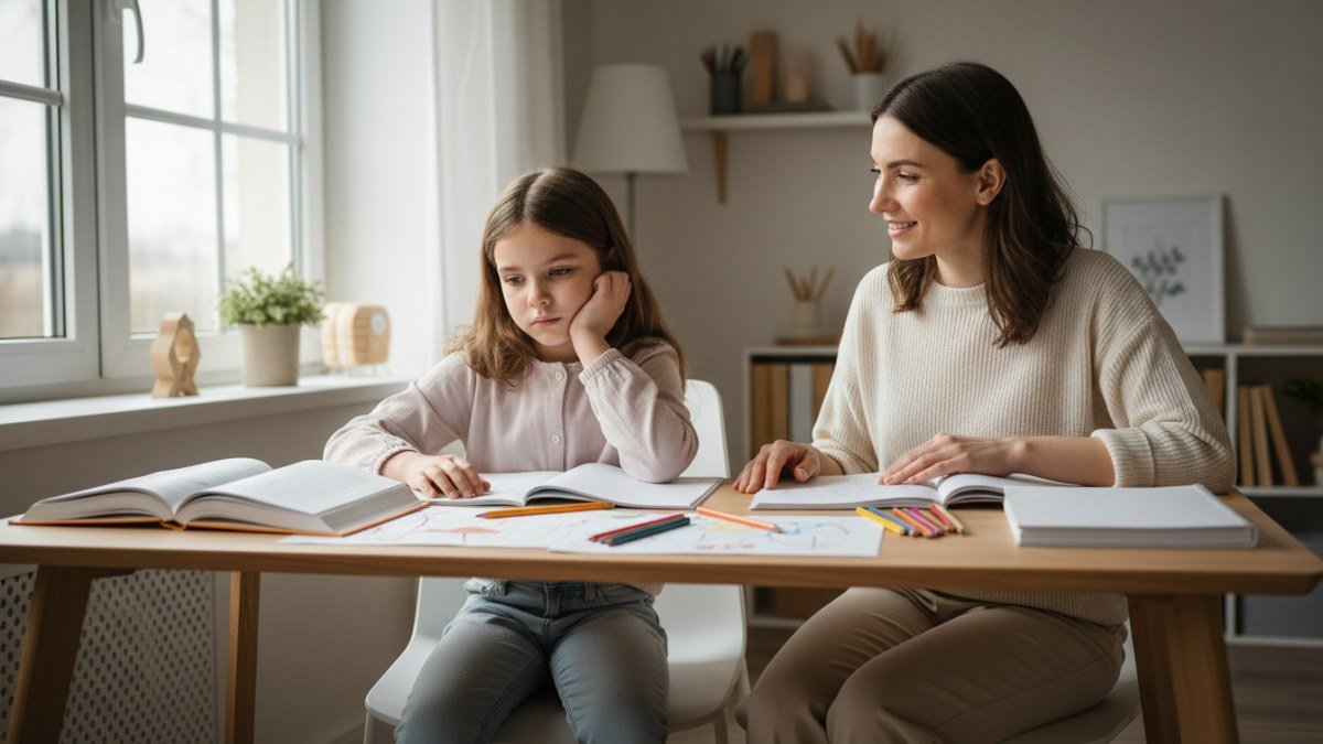 Crian&ccedil;a com express&atilde;o de desinteresse em frente a livros escolares, enquanto um adulto a observa com calma e compreens&atilde;o em um ambiente dom&eacute;stico aconchegante. A cena ilustra o desafio de motivar crian&ccedil;as a fazerem atividades escolares sem gerar conflitos.