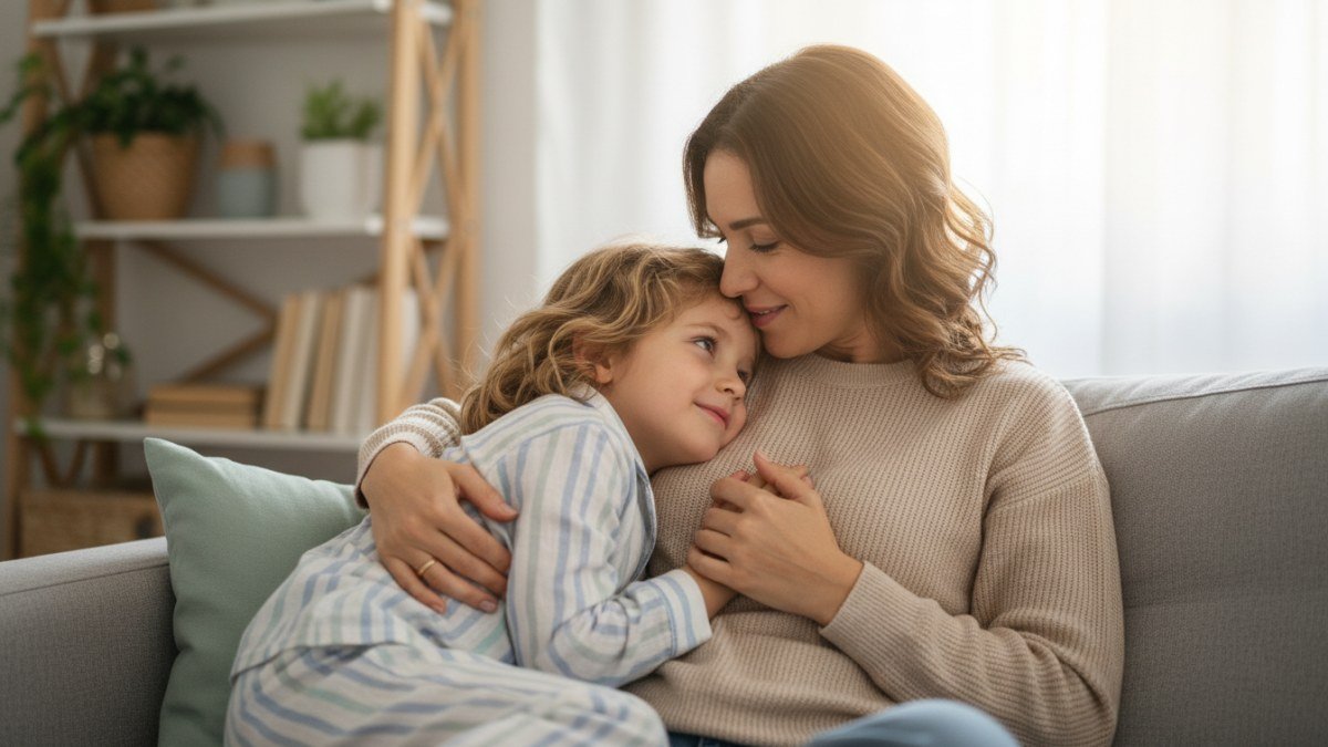 M&atilde;e ou pai abra&ccedil;ando carinhosamente uma crian&ccedil;a, transmitindo seguran&ccedil;a e confian&ccedil;a m&uacute;tua. A imagem simboliza a constru&ccedil;&atilde;o de um relacionamento familiar honesto e amoroso, essencial para guiar crian&ccedil;as.