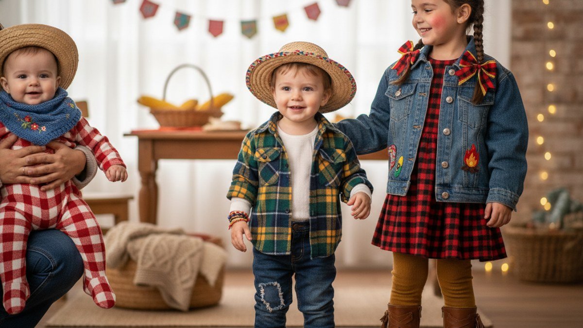 Crianças de diferentes idades em uma festa junina, vestindo looks confortáveis e estilosos com camisas xadrez, jeans e acessórios típicos, celebrando com alegria em um ambiente decorado.