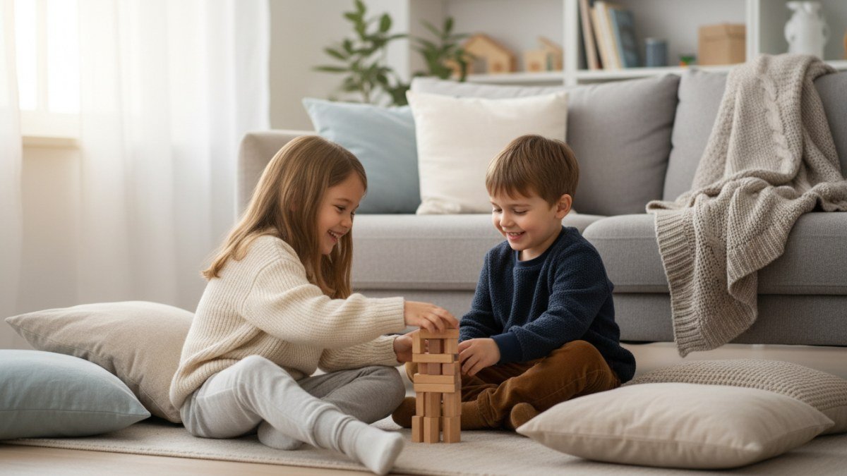 Crian&ccedil;as sorrindo e brincando em um ambiente aconchegante de inverno, vestindo roupas confort&aacute;veis e quentinhas, como su&eacute;teres de tric&ocirc; e blusas de fleece, que proporcionam liberdade para se mover.