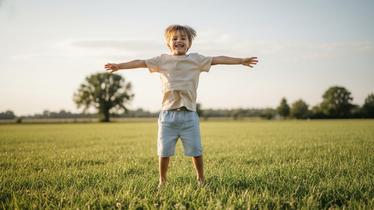 Crian&ccedil;a feliz e energizada, vestindo roupas infantis confort&aacute;veis e flex&iacute;veis, pulando e correndo em um gramado ensolarado, simbolizando a liberdade para brincar e se desenvolver.