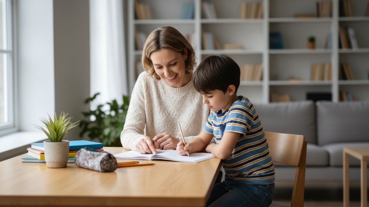 Uma m&atilde;e ou pai e seu filho estudando juntos em uma mesa de madeira clara, em um ambiente dom&eacute;stico aconchegante. O adulto aponta para um livro ou caderno, enquanto a crian&ccedil;a escuta atenta, demonstrando uma intera&ccedil;&atilde;o de apoio e aprendizado tranquilo.