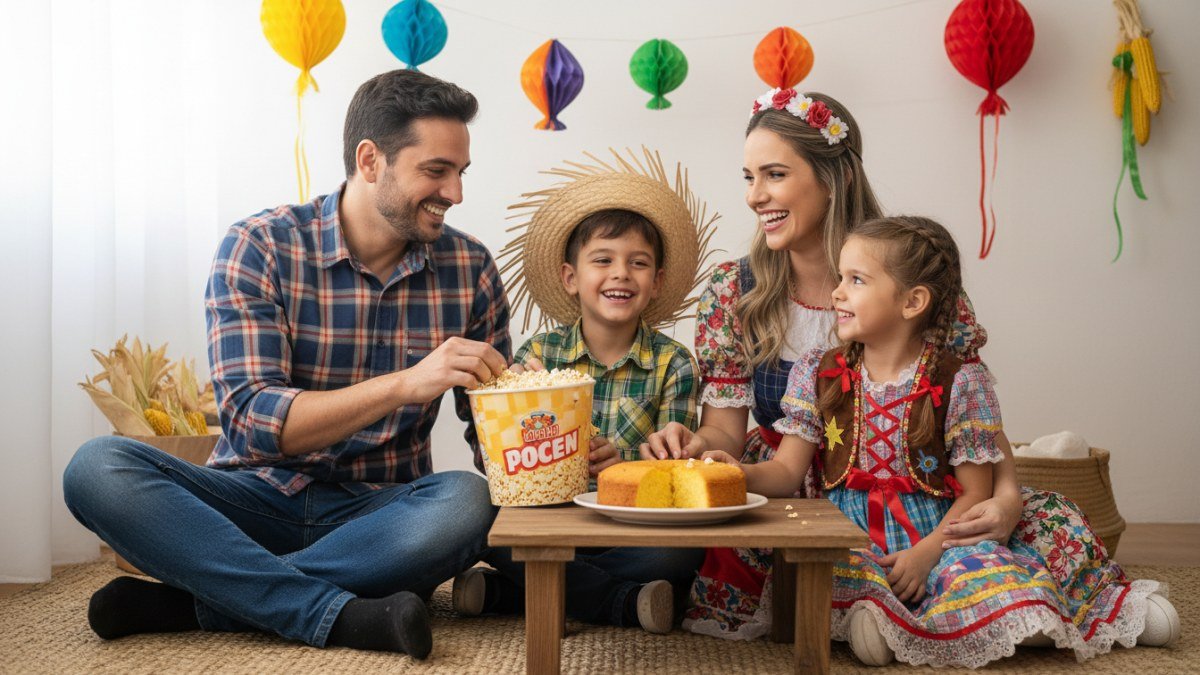 Família feliz com pais e filhos celebrando Festa Junina em casa, com crianças vestindo roupas caipiras confortáveis e modernas, rindo e criando memórias afetivas.