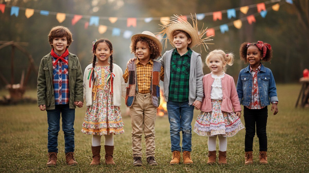 Grupo de crianças sorrindo e brincando em festa junina, usando looks confortáveis e quentinhos com camisas xadrez, calças e casacos, e acessórios juninos.