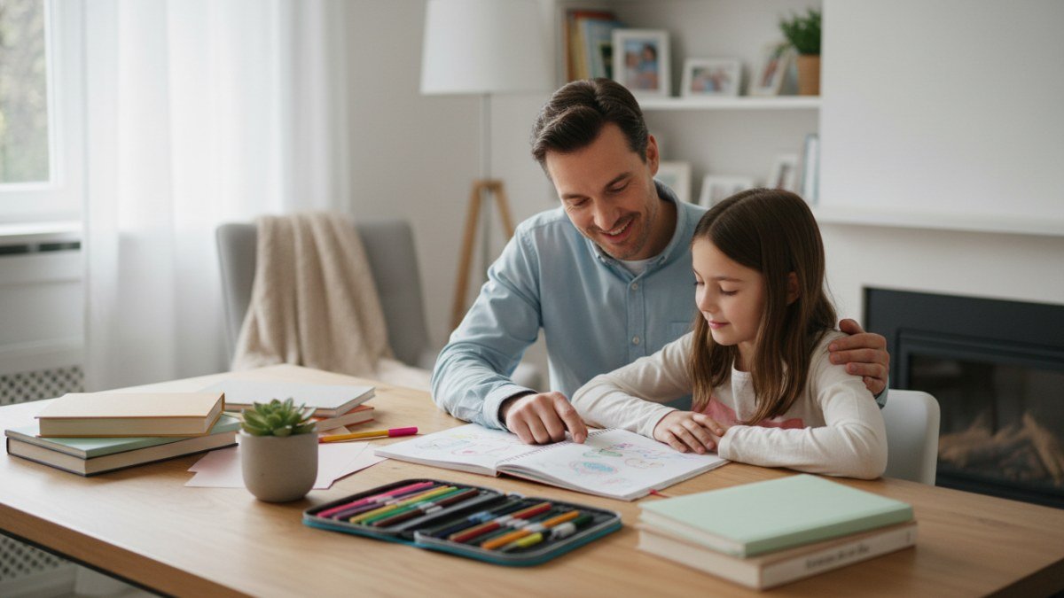 M&atilde;e e filho estudando juntos em casa, com a m&atilde;e oferecendo apoio e encorajamento gentil. A imagem transmite um momento de conex&atilde;o, paci&ecirc;ncia e aprendizado tranquilo, refletindo a import&acirc;ncia de um ambiente familiar positivo para os estudos.