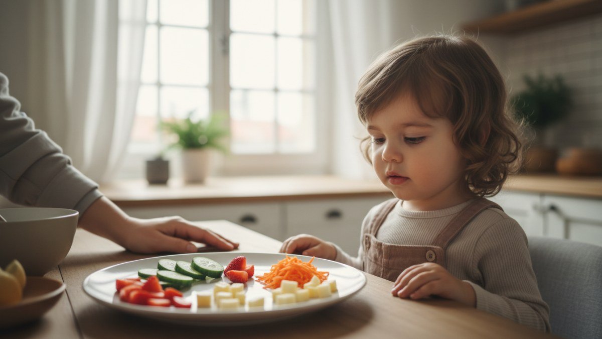 Crian&ccedil;a curiosa explorando um prato colorido com alimentos saud&aacute;veis e variados, como frutas e vegetais, em uma refei&ccedil;&atilde;o familiar tranquila.