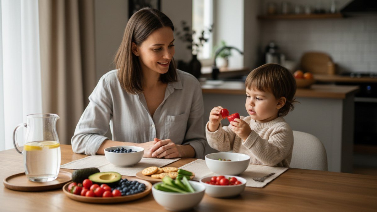 M&atilde;e e filho compartilhando um momento de carinho e curiosidade durante a refei&ccedil;&atilde;o, com a crian&ccedil;a explorando um peda&ccedil;o de fruta, simbolizando paci&ecirc;ncia e uma rela&ccedil;&atilde;o saud&aacute;vel com a comida.