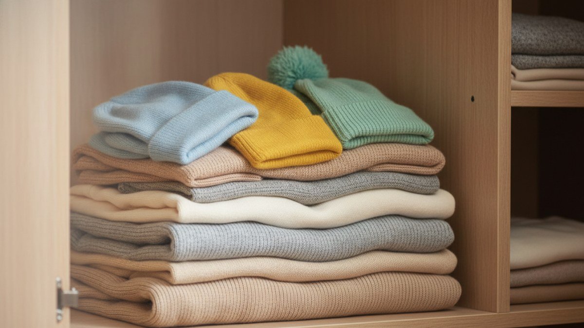 Roupas de inverno, incluindo peças infantis e de adulto, guardadas em um armário de madeira com cheiro de guardado, antes de serem tratadas.