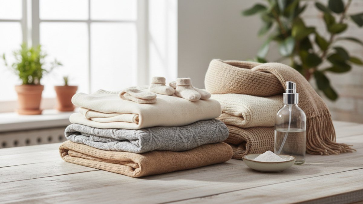 Roupas de inverno dobradas, incluindo peças infantis, com um borrifador de vinagre e um pote de bicarbonato de sódio, ilustrando métodos caseiros para remover cheiro de guardado.