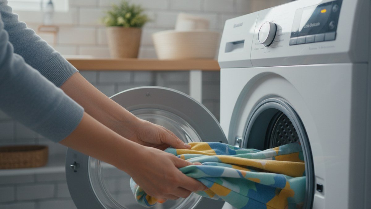 Mãos de um adulto colocando cuidadosamente um moletom infantil macio e colorido dentro de uma máquina de lavar, com foco no ciclo delicado.