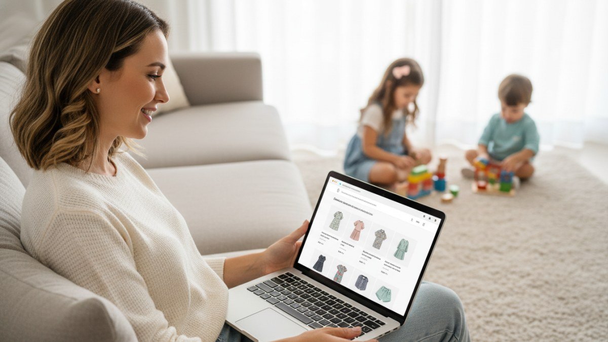 M&atilde;e feliz comprando roupas infantis online em um tablet, sentada no sof&aacute;, enquanto seus filhos brincam no ch&atilde;o, simbolizando a conveni&ecirc;ncia e o conforto das compras digitais para a fam&iacute;lia.