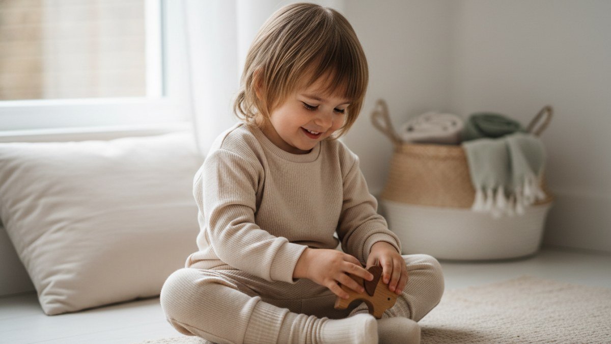Crian&ccedil;a sorridente e relaxada, com cerca de 5 anos, vestindo um conjunto de moletinho cinza claro, sentada em um tapete felpudo em um quarto infantil bem iluminado. A textura do tecido &eacute; vis&iacute;vel, transmitindo a sensa&ccedil;&atilde;o de conforto e maciez. A imagem ilustra o bem-estar proporcionado pela escolha de tecidos adequados para roupas infantis.