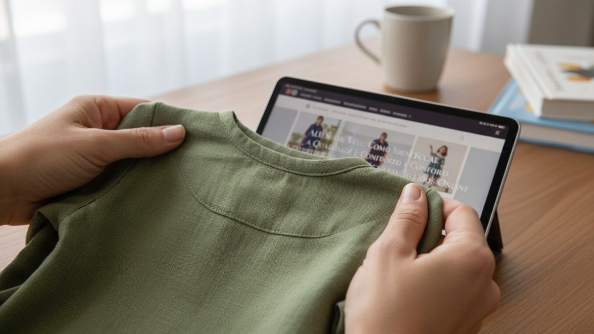 M&atilde;os de um adulto examinando a textura macia de uma roupa infantil de algod&atilde;o ou linho, com o fundo desfocado mostrando uma tela de compra online, focando na qualidade do tecido.