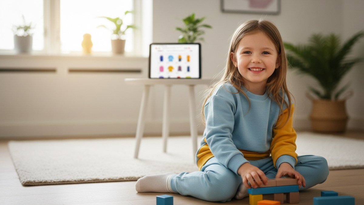 Crian&ccedil;a feliz e bem-vestida em casa, simbolizando a satisfa&ccedil;&atilde;o de comprar roupas infantis online que se encaixam perfeitamente e s&atilde;o confort&aacute;veis.