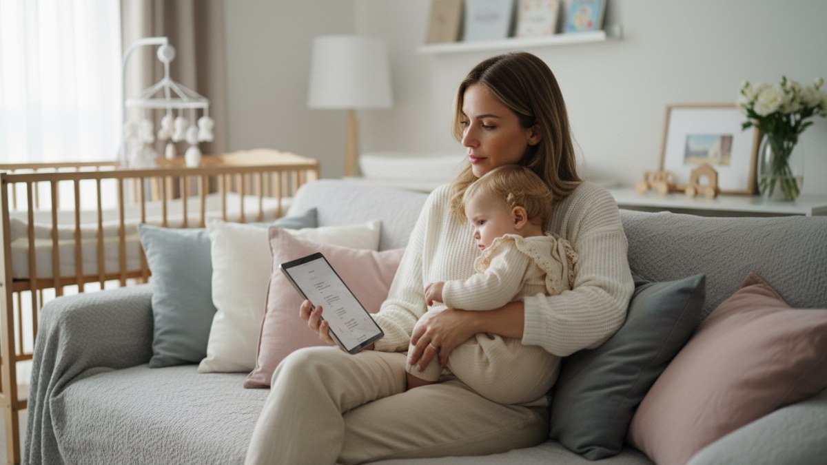 M&atilde;e e filha em um momento &iacute;ntimo, com a m&atilde;e lendo um livro de nomes ou pensando, simbolizando a busca por um nome b&iacute;blico feminino com significado profundo.