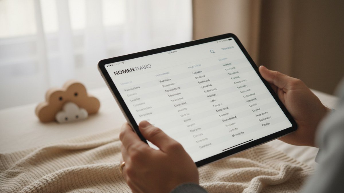 M&atilde;os de pais ou de um casal, em um momento de carinho e reflex&atilde;o, folheando um livro ou tablet com ideias de nomes italianos masculinos para beb&ecirc;s, em um ambiente dom&eacute;stico e aconchegante.