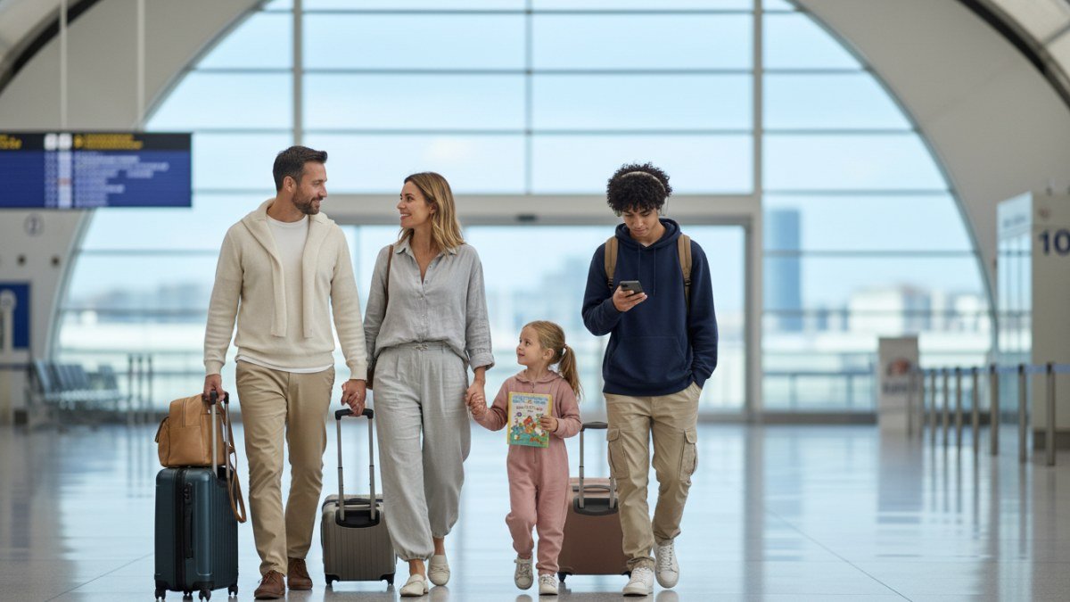 Família com crianças de diferentes idades caminhando calmamente pelo saguão de um aeroporto, vestindo roupas confortáveis e leves, com expressões tranquilas e relaxadas.