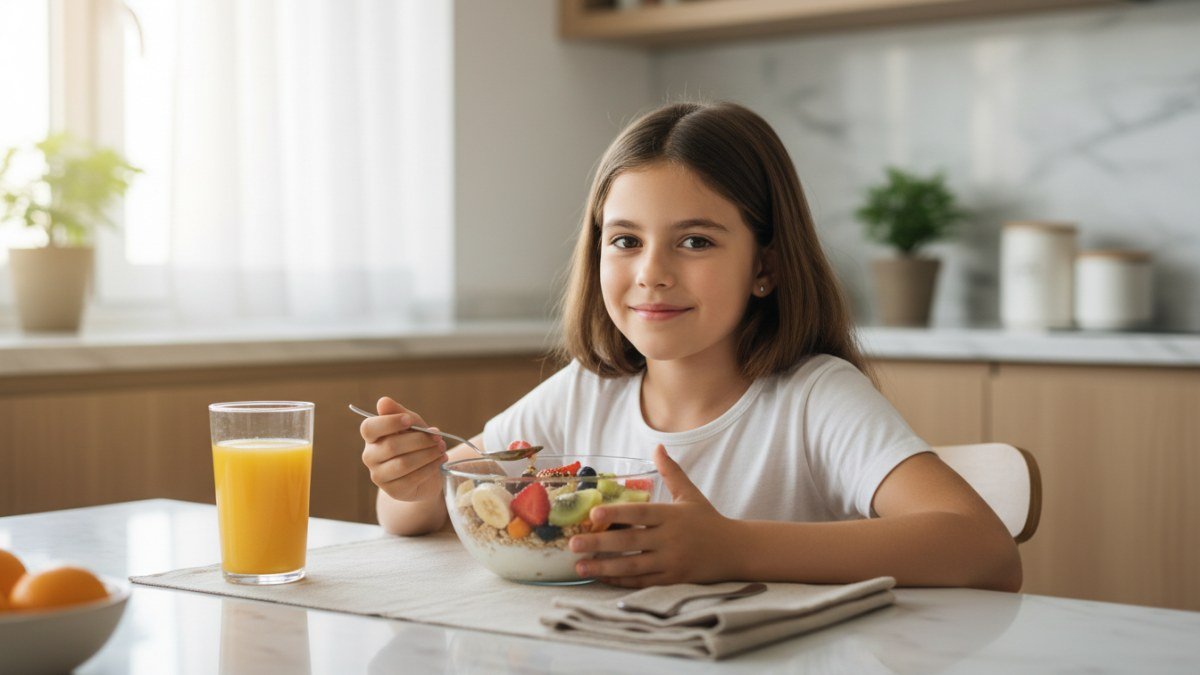 Crian&ccedil;a sorrindo e comendo um caf&eacute; da manh&atilde; saud&aacute;vel com frutas e iogurte em uma cozinha iluminada pela manh&atilde;.