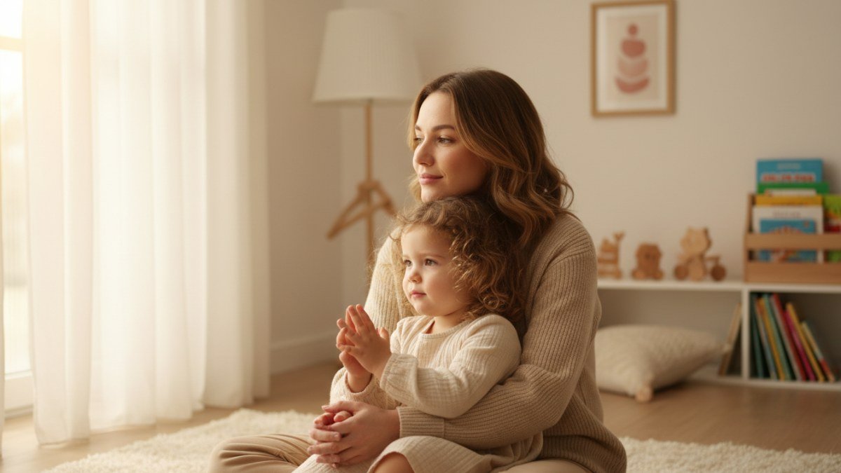 Uma mãe ou pai abraçando uma criança pequena pela manhã, em um ambiente iluminado por luz natural, transmitindo um momento de paz e conexão familiar.