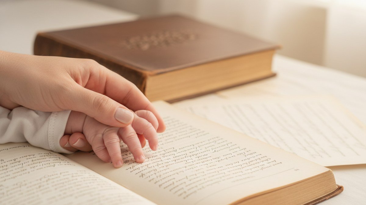M&atilde;os de m&atilde;e e beb&ecirc; delicadamente entrela&ccedil;adas ou sobre um livro, simbolizando a escolha cuidadosa de nomes b&iacute;blicos femininos e a conex&atilde;o familiar.