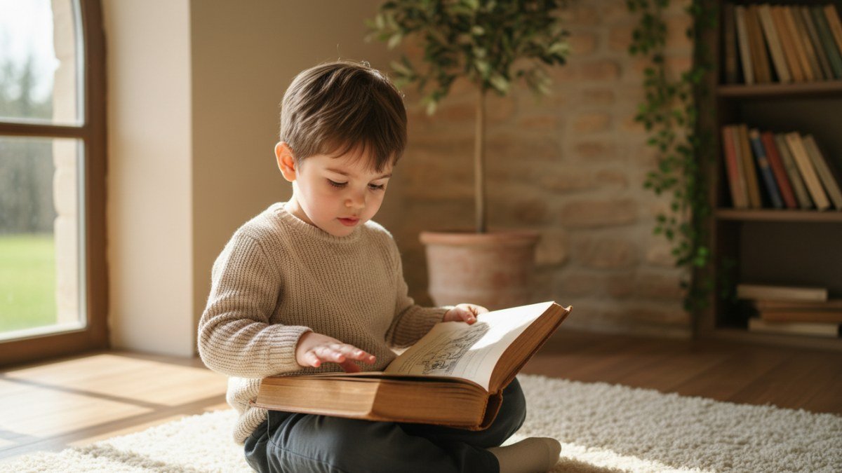 Menino pequeno, vestido de forma cl&aacute;ssica, olhando um livro antigo em um ambiente com inspira&ccedil;&atilde;o italiana e luz natural, simbolizando a busca por nomes e a heran&ccedil;a cultural.