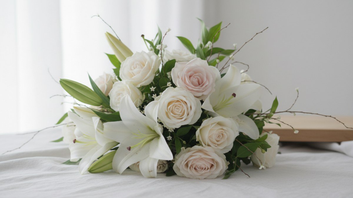 Composi&ccedil;&atilde;o delicada de flores e folhas em tons suaves, evocando a beleza e pureza da natureza, ideal para nomes femininos.