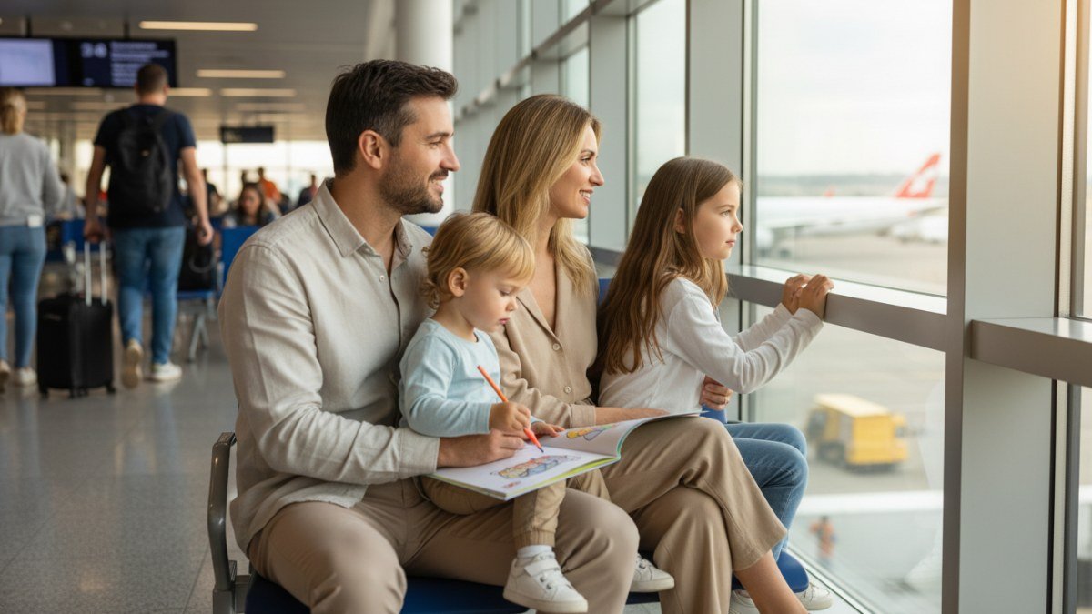 Família com duas crianças (uma pequena e uma pré-adolescente) relaxando em área de embarque de aeroporto. A mãe e a criança menor leem um livro, enquanto a mais velha observa a pista pela janela, transmitindo uma viagem tranquila e bem planejada.