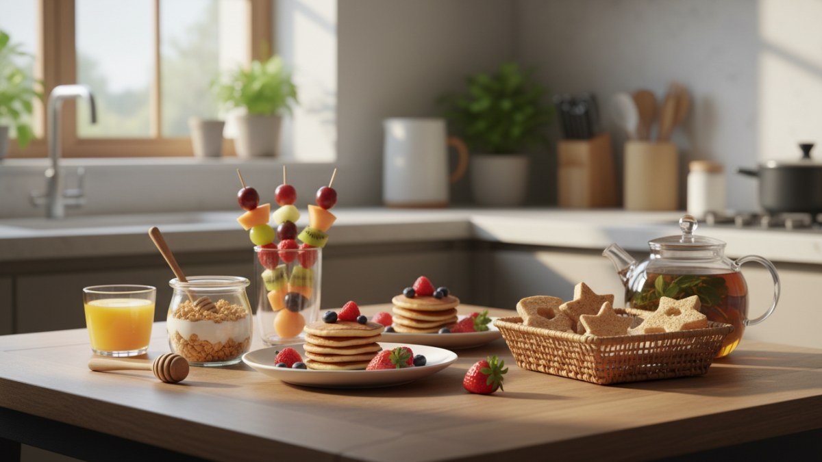 Mesa de cozinha com diversas op&ccedil;&otilde;es de caf&eacute; da manh&atilde; pr&aacute;tico e saud&aacute;vel para crian&ccedil;as, incluindo panquecas de aveia, espetinhos de frutas e iogurte com granola.
