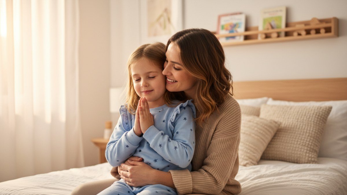 Mãe e criança em momento de oração matinal, com a criança de mãos postas e a mãe a abraçando, sob a luz suave do sol que entra pela janela, simbolizando um início de dia tranquilo e grato.