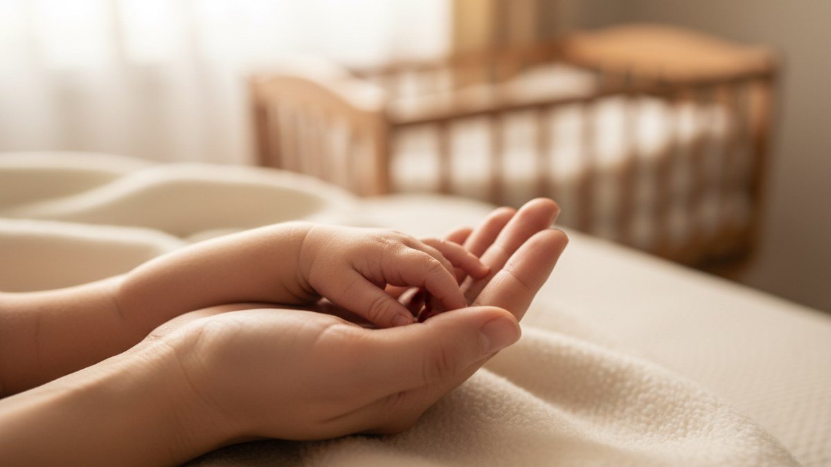 M&atilde;ozinha de beb&ecirc; rec&eacute;m-nascido tocando a m&atilde;o de sua m&atilde;e, com foco na delicadeza do toque. A imagem evoca a reflex&atilde;o e a import&acirc;ncia da escolha do nome, simbolizando um novo come&ccedil;o e a profunda conex&atilde;o familiar.
