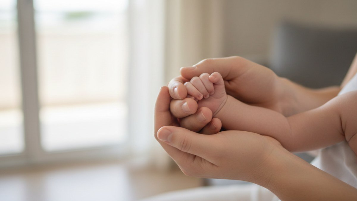 M&atilde;os de um pai ou m&atilde;e segurando delicadamente a m&atilde;o de um beb&ecirc; rec&eacute;m-nascido, simbolizando o amor e o cuidado na escolha de um nome italiano masculino.