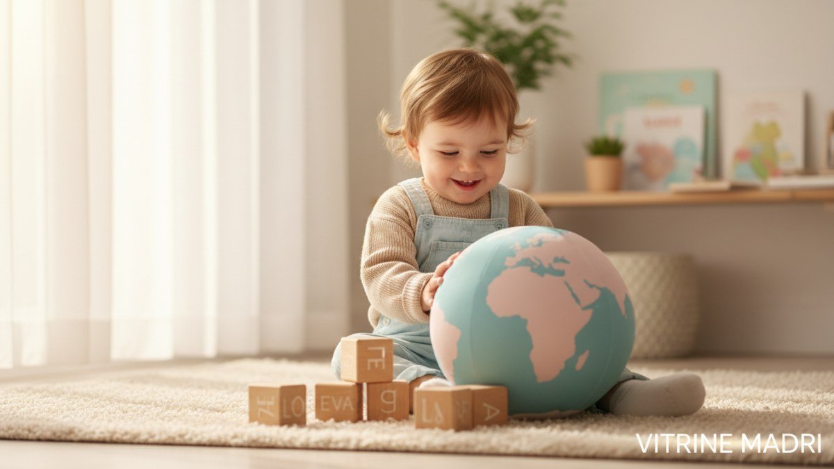 Crian&ccedil;a feliz brincando com blocos de madeira e um globo de tecido, com letras e nomes estilizados ao redor, simbolizando a escolha de nomes internacionais f&aacute;ceis de pronunciar.