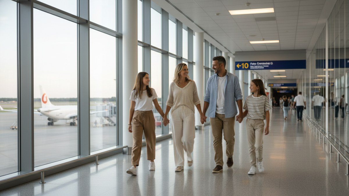 Família (pai, mãe, duas crianças) sorrindo e caminhando de mãos dadas em um corredor de aeroporto bem iluminado, vestindo roupas confortáveis e estilosas. A imagem transmite tranquilidade e a alegria de uma viagem de avião em família bem-sucedida.