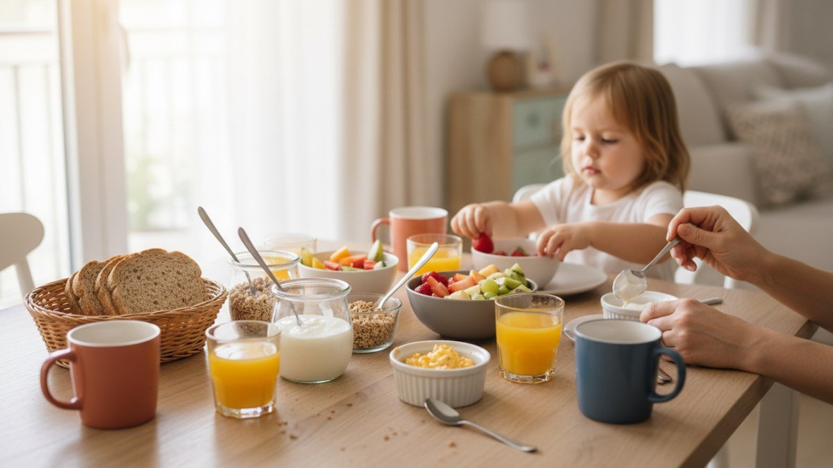 Mesa de caf&eacute; da manh&atilde; aconchegante e pr&aacute;tica, com variedade de alimentos saud&aacute;veis como frutas frescas, iogurte, p&atilde;es integrais e ovos, simbolizando uma rotina matinal nutritiva e feliz para crian&ccedil;as e fam&iacute;lia.