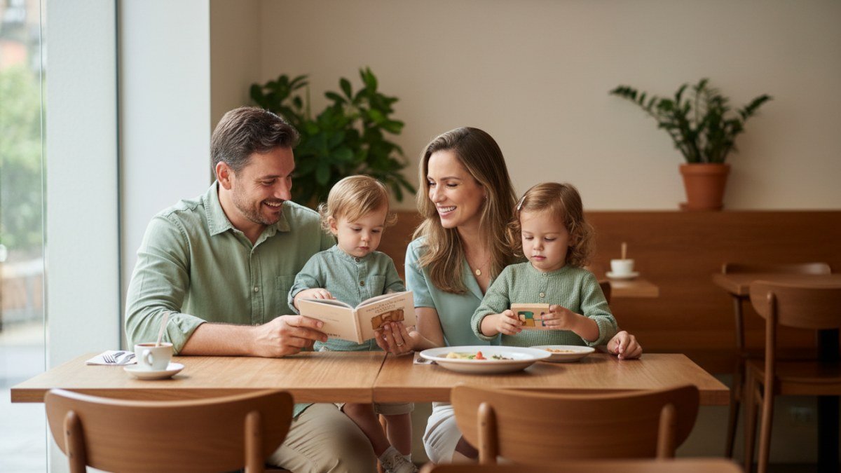 Uma fam&iacute;lia feliz, com pais e duas crian&ccedil;as pequenas (um toddler e um pr&eacute;-escolar), sentada &agrave; mesa de um restaurante, interagindo de forma natural. As crian&ccedil;as est&atilde;o vestindo roupas infantis confort&aacute;veis e estilosas, e o ambiente do restaurante &eacute; acolhedor e convidativo, sugerindo um momento agrad&aacute;vel em fam&iacute;lia.