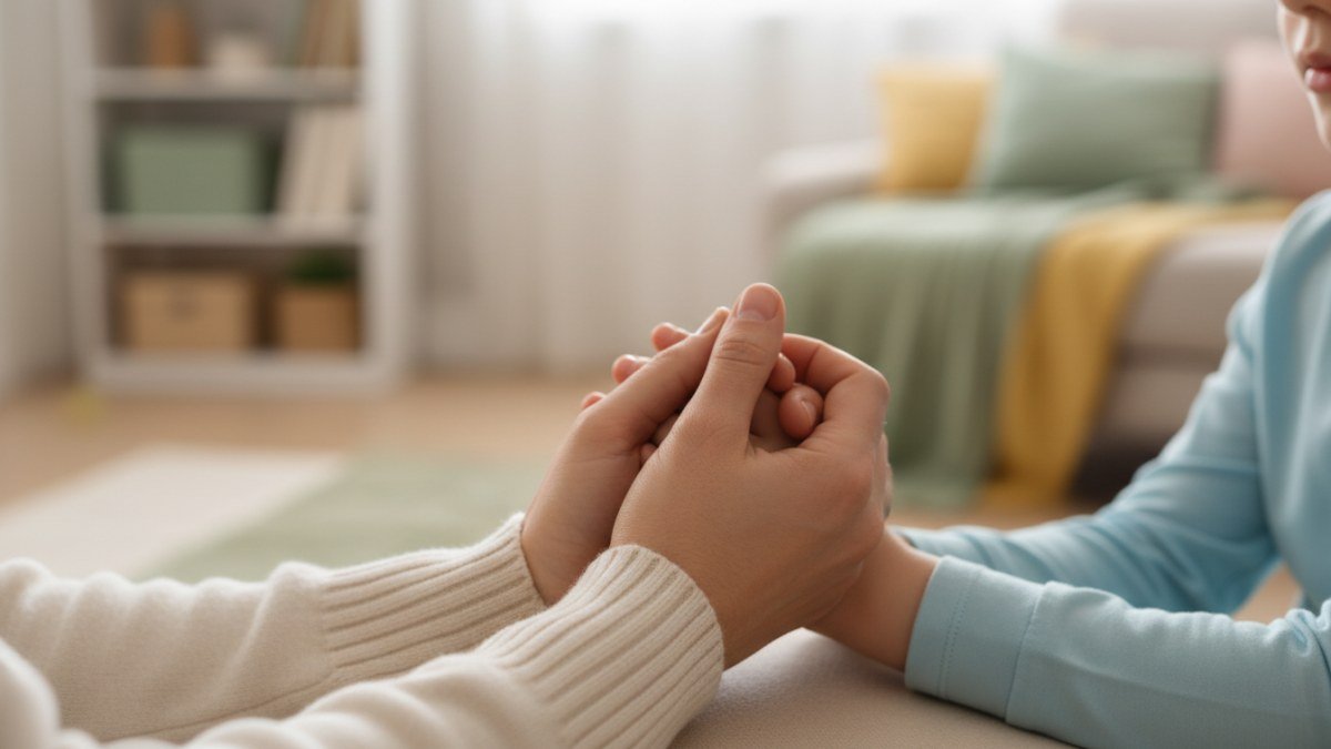 Mãos de um adulto e uma criança pequenas unidas em um gesto de oração ou carinho, simbolizando a conexão familiar e a paz na rotina de orações.