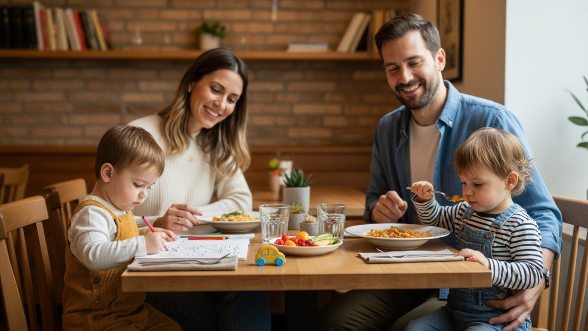 Fam&iacute;lia feliz (pai, m&atilde;e e duas crian&ccedil;as pequenas) em um restaurante, com as crian&ccedil;as envolvidas em atividades e comendo de forma tranquila, e os pais sorrindo e relaxados.