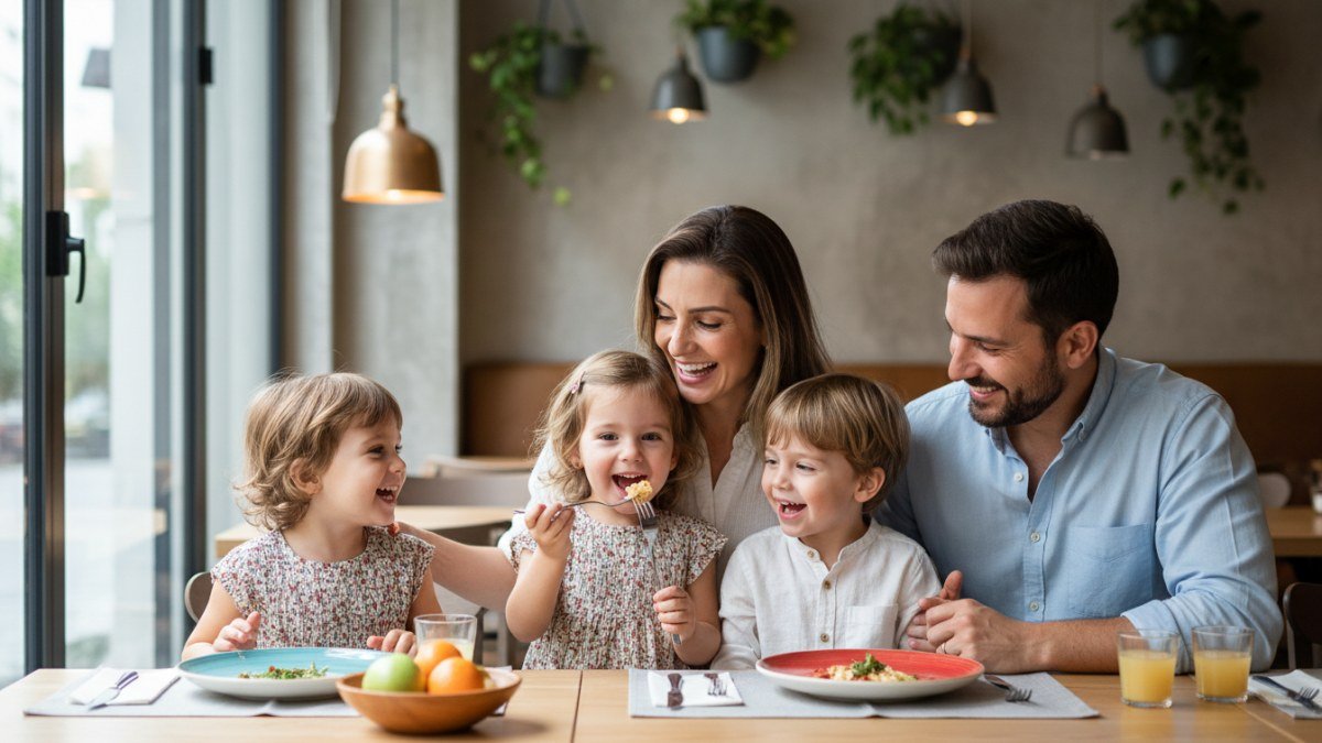 Fam&iacute;lia sorrindo em um restaurante com crian&ccedil;as pequenas, desfrutando de uma refei&ccedil;&atilde;o tranquila e conectada, com pais e filhos interagindo felizes &agrave; mesa.