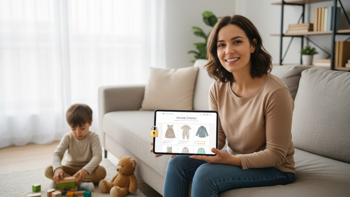 M&atilde;e feliz e relaxada comprando roupa infantil online em um tablet, com uma crian&ccedil;a brincando no ch&atilde;o. A imagem ilustra a confian&ccedil;a e seguran&ccedil;a em lojas virtuais de moda infantil, destacando uma experi&ecirc;ncia de compra online tranquila e de qualidade.