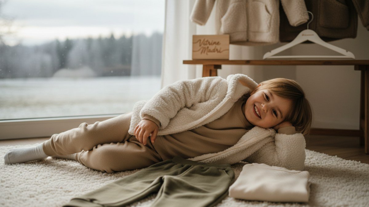 Criança sorridente e aconchegante usando um conjunto de moletom e casaco de inverno, sentada em ambiente interno com luz natural, com roupas de inverno dobradas ao redor, simbolizando a preparação do guarda-roupa infantil para o frio.