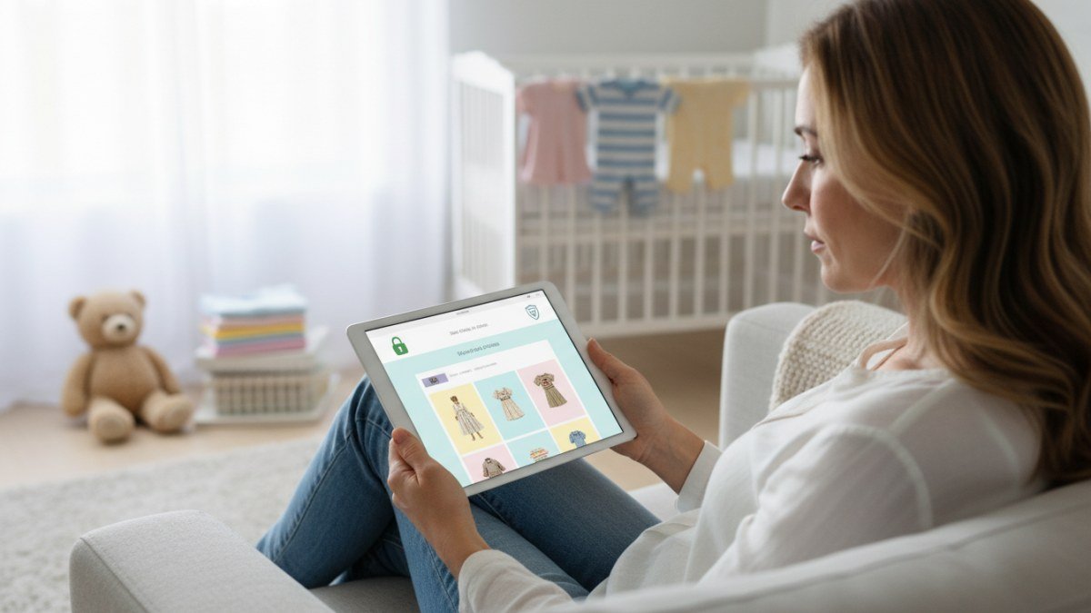 M&atilde;e avaliando a confiabilidade de uma loja online de roupa infantil em seu tablet, buscando seguran&ccedil;a e qualidade para a compra. A imagem representa a pesquisa atenta de pais e respons&aacute;veis antes de comprar online.