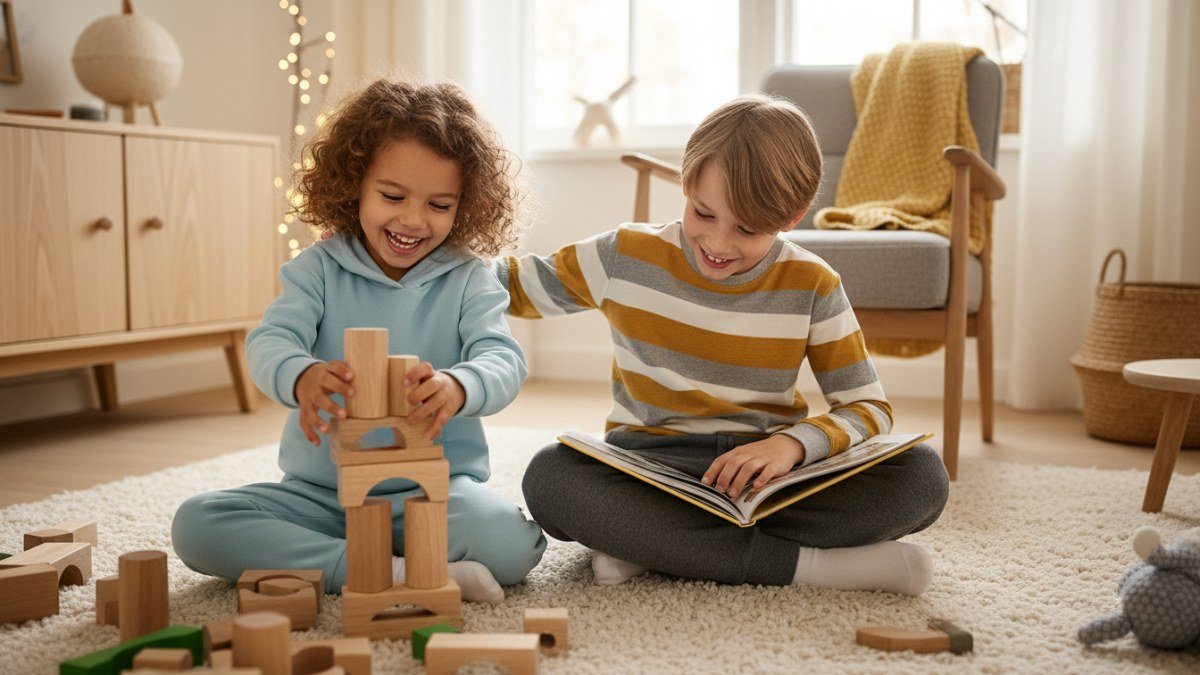 Crianças brincando em casa, vestindo conjuntos de moletom confortáveis e versáteis para o inverno, com destaque para a qualidade e liberdade de movimento da moda infantil Vitrine Madri.