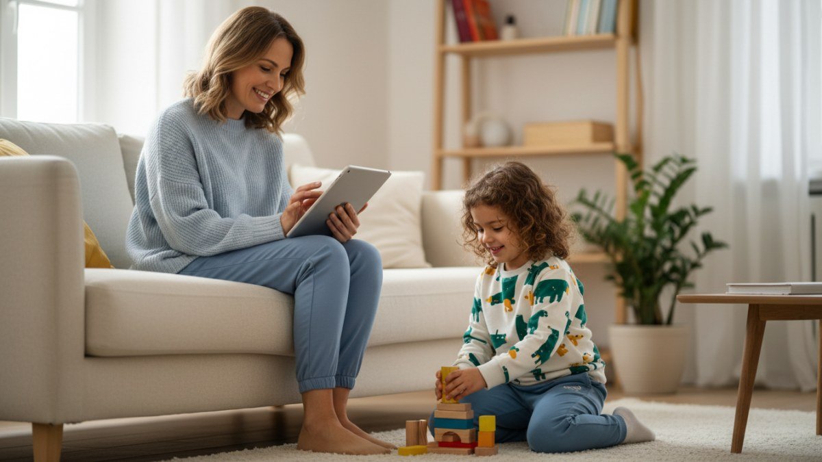 M&atilde;e e filho em um momento de alegria e tranquilidade em casa, com a m&atilde;e navegando em um tablet e o filho vestindo roupas infantis confort&aacute;veis e de qualidade, simbolizando a confian&ccedil;a e satisfa&ccedil;&atilde;o em comprar moda infantil online na Vitrine Madri.