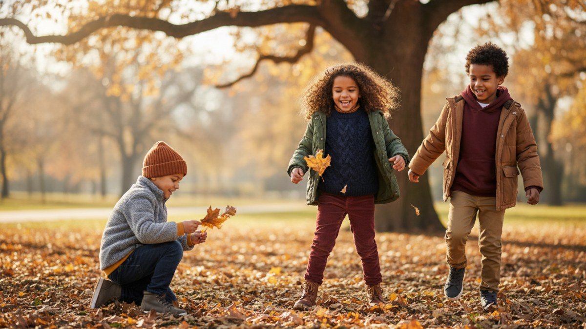 Crianças sorridentes e confortáveis, de diferentes idades, brincando ao ar livre em um dia de inverno ameno, vestindo camadas de roupas quentinhas e versáteis como conjuntos de moletom, casacos e calças de qualidade, ideais para proteção e estilo.